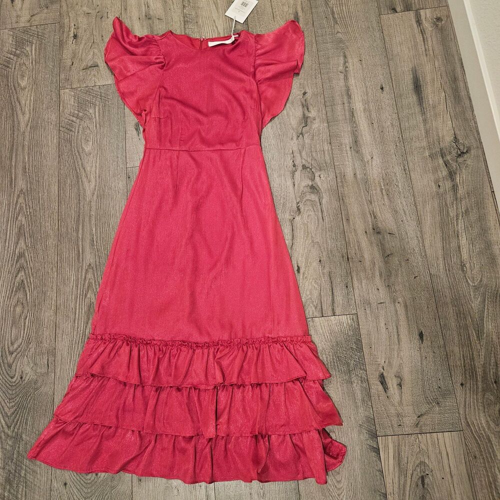 Rachael Parcell Zix Berry Pink Flutter Sleeve Ruffle Midi Dress Size 2 NWT